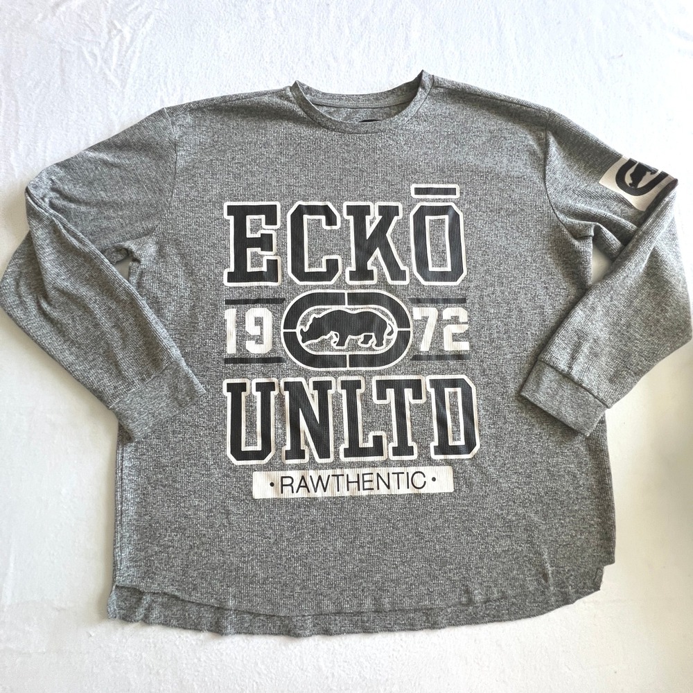 Ecko Unltd Graphic Thermal Shirt 3XL Gray Waffle Knit Y2K Streetwear 90s Grunge